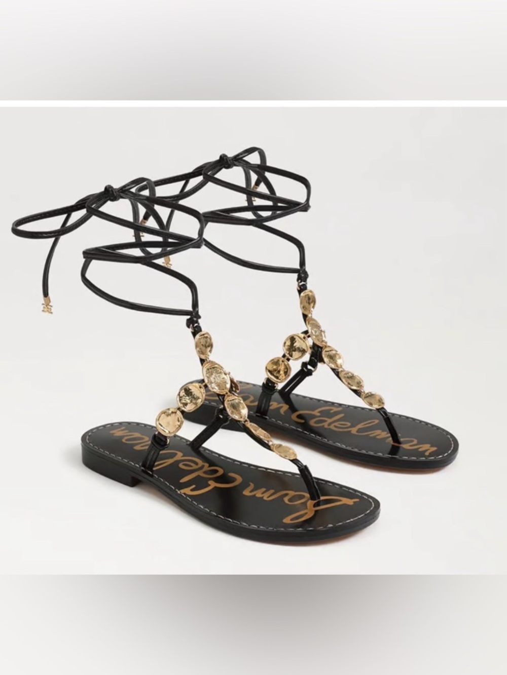 Sam Edelman Black Leather T-Strap Gladiator Sandals with Gold Discs - Picture 7 of 12